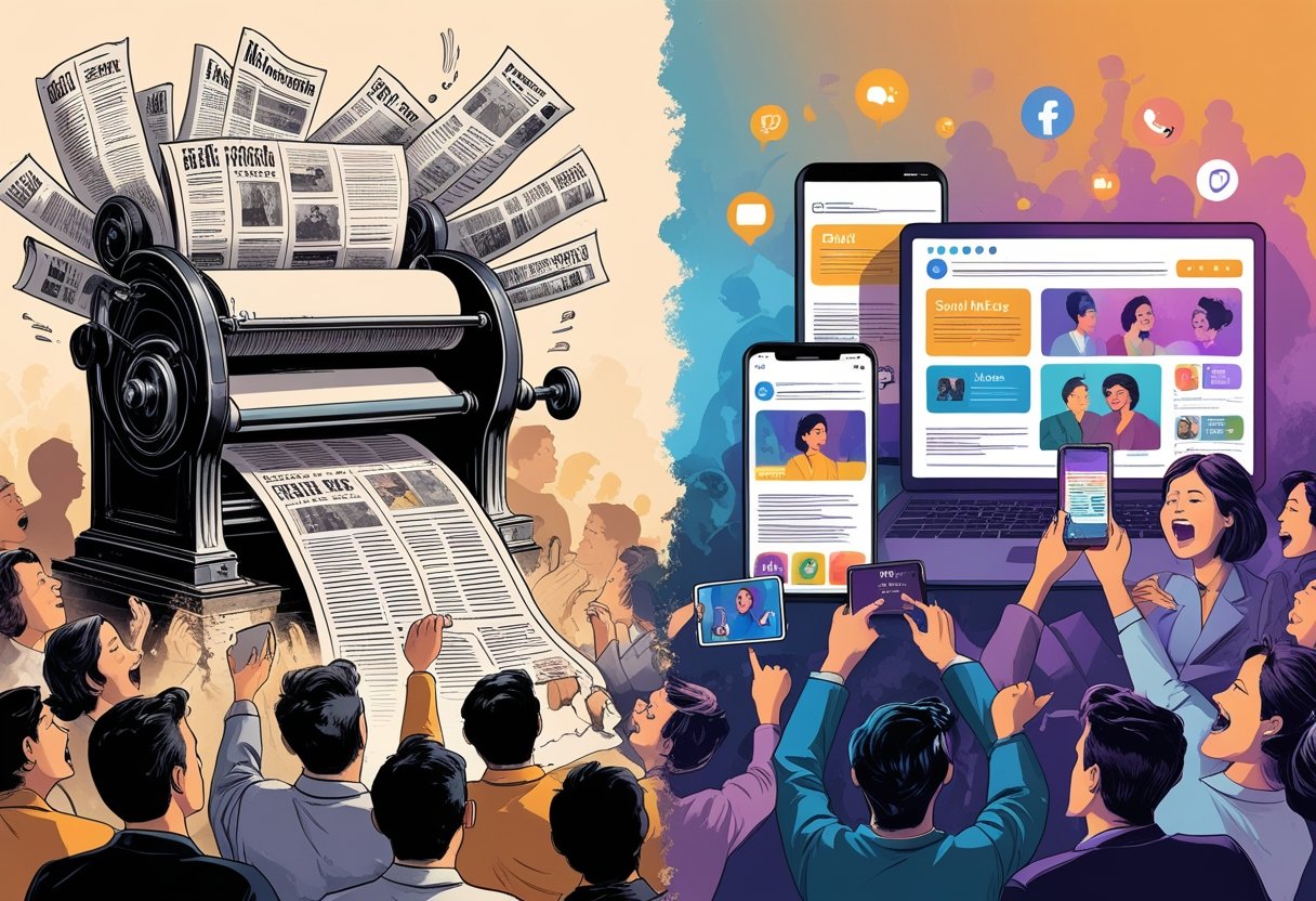과거의 인쇄 신문과 현재의 디지털 기기를 통해 사람들이 대중 선동에 반응하는 모습을 보여주는 장면